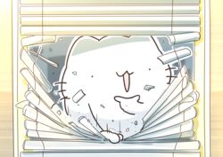  ._. :3 absurdres ambiguous_gender animal_ears cat_ears commentary_request debris destruction feline hand_on_own_chin highres karameru karameru_(character) official_art open_mouth original outline stroking_own_chin tameshiwari whiskers white_cat window_blinds 