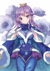  anemone_(flower) anemone_(flower_knight_girl) blue_bow blue_cape blue_dress blue_eyes blue_sleeves bow breasts cape capelet closed_mouth commentary_request covered_navel cowboy_shot crown detached_sleeves dress female floral_background flower flower_knight_girl grey_flower head_tilt kusumoto_miya long_hair looking_at_viewer name_connection no_nose object_namesake purple_hair sideboob smile snowflake_print solo standing swept_bangs 