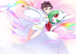  blue_eyes breasts brown_hair coat collar commentary_request diantha_(pokemon) energy eyelashes female gardevoir highres holding holding_poke_ball jewelry kito_(kito_mozooo) long_sleeves looking_at_viewer mega_gardevoir mega_pokemon necklace open_clothes open_coat poke_ball poke_ball_(basic) pokemon pokemon_(creature) pokemon_xy short_hair smile white_coat white_collar 