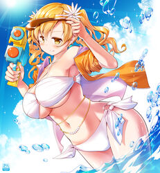  bikini blonde_hair blue_sky breasts chauke cloud day drill_hair female long_hair mahou_shoujo_madoka_magica mahou_shoujo_madoka_magica_(anime) navel outdoors partially_submerged sky smile solo standing swimsuit tomoe_mami twin_drills visor_cap wading water_gun white_bikini yellow_eyes 