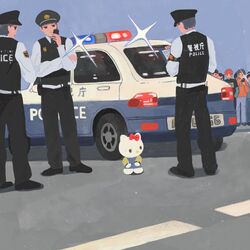  3boys arrest bad_id bad_twitter_id black_eyes bow car cuffs feline female handcuffs hello_kitty hello_kitty_(character) highres looking_to_the_side motor_vehicle multiple_boys police police_car red_bow sanrio woshihuyi 