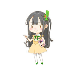  archived_source blush bracelet breasts brown_eyes chibi cleavage cleavage_cutout clothing_cutout collared_dress comic_kairakuten crocodile_hair_ornament dress female full_body green_footwear green_ribbons grey_hair heart_cutout highres holding holding_brush holding_magazine jewelry kairakuten-chan key_(kagibangou) long_hair magazine_(object) medium_breasts neck_ribbon one_side_up ribbon simple_background sleeveless sleeveless_dress smile solo thighhighs white_background white_thighhighs yellow_dress 