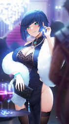  alternate_costume aqua_eyes bag bangs bead_necklace beads black_legwear blue_dress blue_hair blurry blurry_background bracelet breasts chandelier china_dress chinese_clothes cleavage cleavage_cutout clothing_cutout cup depth_of_field diagonal_bangs dice dress drinking_glass earrings feather_boa female fukuro_daizi fur_scarf genshin_impact glint green_eyes grin groin hair_behind_ear handbag highres holding holding_bag jewelry lace-trimmed_legwear lace_trim large_breasts light_particles mole mole_on_breast necklace parted_lips pelvic_curtain people scarf shiny side_slit smile solo_focus thighhighs tray white_scarf wine_glass yelan_(genshin_impact) 