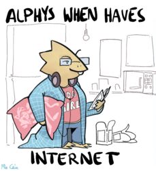  alphys anthro appliance barefoot bathrobe biped bottomwear box buckteeth cereal_when_haves_milk clothed clothing container detailed_background electronics english_text eyewear feet female fridge fully_clothed glasses headphones inside kitchen_appliance lizard meme mew_mew_(undertale) mew_mew_kissy_cutie mia_cain microwave_oven pants pillow reptile robe scales scalie shirt signature smile solo standing teeth text three-quarter_view topwear trash undertale undertale_(series) yellow_body yellow_scales 