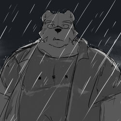  1:1 2021 anthro bear belly clothing cute_fangs hi_res kemono male mammal night outside overweight overweight_male raining shirt solo topwear whitebeast20 