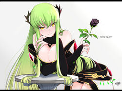  bare_shoulders breasts c.c. cleavage code_geass copyright_name female flower green_hair hair_ornament highres leaning_on_table long_hair looking_at_viewer noppo rose smile solo yellow_eyes 