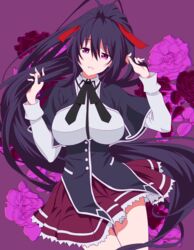  absurdres black_capelet black_corset black_hair bow bowtie breasts capelet commentary corset female hair_ornament hair_ribbon hairbow high_school_dxd highres himejima_akeno kuoh_academy_school_uniform large_breasts long_hair looking_at_viewer orange_ribbon parted_lips pawowe ponytail purple_eyes purple_skirt ribbon school_uniform skirt solo very_long_hair 