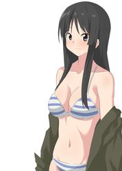  akiyama_mio bad_id bad_pixiv_id bikini black_eyes black_hair blush breasts cleavage closed_mouth collarbone commentary_request female hateri highres hime_cut k-on! large_breasts long_hair navel sidelocks simple_background smile solo standing stomach striped_bikini striped_clothes swimsuit white_background 