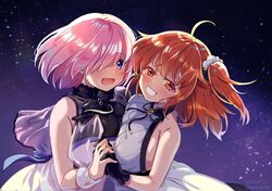  2girls ahoge bare_shoulders blush bolo_tie breast_press breasts commentary_request dress fate/grand_order fate/grand_order_waltz_in_the_moonlight/lostroom fate_(series) fujimaru_ritsuka_(female) fujimaru_ritsuka_(female)_(waltz_in_the_moonlight/lostroom) gloves grin hair_between_eyes hair_over_one_eye halter_dress halterneck holding_hands interlocked_fingers jewelry large_breasts lipstick looking_at_viewer makeup mash_kyrielight mash_kyrielight_(under_the_same_sky) multiple_girls night night_sky official_alternate_costume open_mouth orange_eyes orange_hair pink_hair purple_eyes ribbon ruri_rarako scrunchie short_hair side_ponytail sideboob sidelocks sky sleeveless smile star_(sky) starry_sky symmetrical_docking taut_clothes taut_dress teeth tongue upper_body wrist_cuffs yuri 