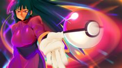  breasts cashumeru closed_mouth dress female gloves highres large_breasts long_hair long_sleeves looking_at_viewer outstretched_arm pencil_skirt poke_ball poke_ball_(basic) pokemon pokemon_frlg purple_eyes sabrina_(pokemon) side_slit skirt solo white_gloves 