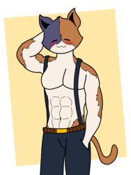  3:4 anthro blush calico_cat clothed clothing digital_drawing_(artwork) digital_media_(artwork) domestic_cat enderbendr epic_games felid feline felis fortnite hi_res male mammal meowscles mottled muscular muscular_anthro muscular_male piebald simple_background smile solo 