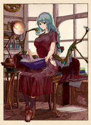  absurdres black_legwear blowing blue_eyes blue_hair book book_stack bookmark border braid brown_footwear croriin cup dress feathers female full_body hatching_(texture) highres holding holding_book lamp light_bulb long_braid long_hair mechanical_arms o-ring open_book original outside_border paper reading screw seed_bag shoelaces sitting solo steam tools turning_page white_border 