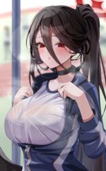  absurdres black_choker black_hair blue_archive blue_jacket blurry blurry_background blush breasts breath choker commentary female gym_uniform hair_between_eyes halo hasumi_(blue_archive) hasumi_(track)_(blue_archive) highres huge_breasts jacket long_hair long_sleeves looking_at_viewer mole mole_under_eye musson official_alternate_costume parted_lips partially_unzipped ponytail red_eyes red_halo shirt solo sweatdrop sweaty_clothes track_jacket upper_body very_long_hair white_shirt zipper_pull_tab 