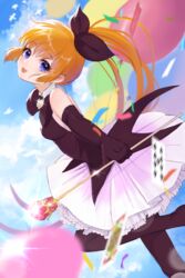  absurdres ama_(997841291) black_bow black_gloves black_legwear bow card chinese_commentary circle_skirt commentary confetti cowboy_shot elbow_gloves female frilled_skirt frills gloves hairbow haneoka_meimi highres kaitou_saint_tail long_hair looking_at_viewer magical_girl open_mouth pointing pointing_at_viewer ponytail ribbon saint_tail skirt solo teeth wand white_skirt 