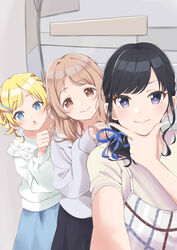  3girls :o alternate_costume alternate_hairstyle apron commentary cowboy_shot hachimiya_meguru hair_ornament hand_on_own_chin hands_on_another&#039;s_shoulders highres idolmaster idolmaster_shiny_colors illumination_stars_(idolmaster) kazano_hiori kondou_reina long_sleeves looking_at_viewer md5_mismatch mineda_mayu_(actress) mole mole_under_mouth multiple_girls parody photo-referenced sakuragi_mano sekine_hitomi selfie smile stroking_own_chin tsunakanten upper_body voice_actor_connection 