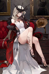  absurdres bare_legs bare_shoulders black_footwear black_gloves black_mask blonde_hair breasts cleavage closed_mouth coat commentary couch drawer dress elbow_gloves feather_boa female fishnet_gloves fishnets full_body fur-trimmed_coat fur_trim genshin_impact gloves gong_cha hand_up high_heels highres indoors lace-trimmed_eyepatch large_breasts leg_up legs looking_at_viewer mask mask_over_one_eye md5_mismatch medium_breasts on_couch one_eye_covered painting_(object) phonograph purple_eyes red_coat resolution_mismatch signora_(genshin_impact) sitting smile solo source_larger thighs white_dress 