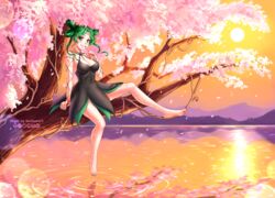  artist_name bare_legs bare_shoulders barefoot bishoujo_senshi_sailor_moon bishoujo_senshi_sailor_moon_crystal bishoujo_senshi_sailor_moon_s black_dress black_skirt blush breasts burbur cherry_blossoms cleavage colorful commentary curly_hair dark_green_hair dress english_commentary evening feet female finger_to_mouth fingernails full_body green_eyes green_hair green_nails hand_up index_finger_raised looking_at_viewer mountain open_mouth orange_sky parted_lips ripples river scenery short_dress short_hair sitting skirt sky sleeveless sleeveless_dress smile solo star_(symbol) sunset teeth tellu_(sailor_moon) tree water watermark witches_5 