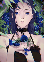  absurdres bare_shoulders black_choker black_dress blue_eyes blue_flower blue_hair choker chromatic_aberration collarbone commentary dress female flower frilled_dress frills hair_flower hair_ornament highres holding holding_flower igawa_hikaru lace-trimmed_choker lace_trim lips long_hair looking_at_viewer lying on_back original parted_lips rose shadow sidelocks solo spaghetti_strap upper_body 