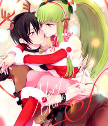  1boy antlers bare_shoulders black_hair blush boots breasts c.c. code_geass female fur-trimmed_boots fur_trim green_hair grin hairband highres horns hug knee_boots lelouch_vi_britannia long_hair noppo pink_legwear ponytail purple_eyes reindeer_antlers santa_boots sitting sitting_on_lap sitting_on_person smile straight very_long_hair 