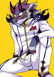  1boy animal_ears bael_(housamo) black_sclera breast_pocket colored_sclera furry furry_male glasses grey_fur handkerchief highres holding horns long_sleeves looking_at_viewer male_focus mouhu_(bearlovestiger13) multicolored_fur parted_lips pocket pocket_square purple_fur red_eyes riding_crop school_uniform simple_background sitting solo tokyo_afterschool_summoners white_fur yellow_background 