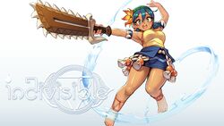  +_+ armlet armpits barefoot blue_eyes blue_hair blue_sky breasts chainsword commentary copyright_name dark_skin element_bending english_commentary female flower full_body hair_flower hair_ornament highres holding holding_sword holding_weapon indivisible junkpuyo leilani_(indivisible) medium_breasts open_mouth promotional_art short_twintails sky smile solo sword toes twintails water weapon 