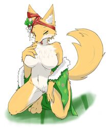  blush breasts commentary_request female floral_print fox_girl furry furry_female highres kneeling large_breasts navel okabe_masatsuna open_clothes partial_commentary sengoku_bushouki_muramasa simple_background solo tail tongue tongue_out white_background xan_(xan0712) yellow_eyes 