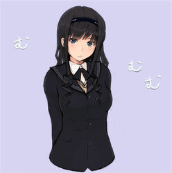  :&lt; amagami arms_behind_back black_hair black_jacket blazer blue_eyes commentary_request drill_hair female hairband jacket kibito_high_school_uniform long_hair long_sleeves megane_chuu morishima_haruka school_uniform solo tears upper_body 