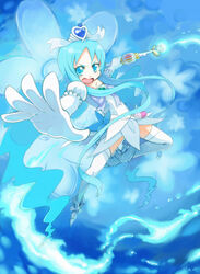  blue_background blue_eyes blue_hair brooch commentary_request cure_marine cure_marine_(super_silhouette) dated elbow_gloves female flower_tact gloves heart heart_brooch heartcatch_precure! highres jewelry kannasetsuna kurumi_erika long_hair magical_girl open_mouth photoshop_(medium) precure skirt solo thighhighs very_long_hair white_thighhighs 