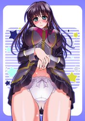  azarashing_day bad_id bad_pixiv_id blush bow bow_panties breasts brown_hair clothes_lift crotch_seam female green_eyes huge_breasts lace lace-trimmed_panties lace_trim long_hair looking_at_viewer panties purple_panties setsuko_ohara skirt skirt_lift solo super_robot_wars super_robot_wars_z super_robot_wars_z1 underwear uniform 