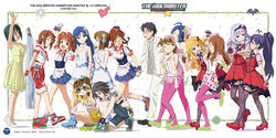  1boy 6+girls ahoge akizuki_ritsuko album_cover amami_haruka apron black_hair blonde_hair blue_hair brown_hair closed_eyes cover everyone futami_ami futami_mami ganaha_hibiki garter_straps glasses grey_hair hagiwara_yukiho holding_hands hoshii_miki idolmaster idolmaster_(classic) kikuchi_makoto kisaragi_chihaya long_hair minase_iori miura_azusa multiple_girls my_dear_vampire_(idolmaster) necktie official_art open_mouth orange_hair otonashi_kotori pantyhose producer_(idolmaster) shijou_takane shoes sneakers street_hopper_(idolmaster) sunglasses takatsuki_yayoi thighhighs tuxedo 