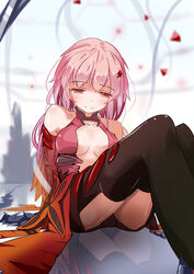  bare_shoulders breasts center_opening cleavage commentary_request detached_sleeves female guilty_crown hair_ornament hairclip long_hair looking_down medium_breasts navel pink_hair red_eyes solo terric thighhighs twintails yuzuriha_inori 