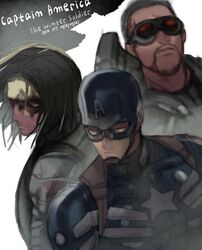  3boys animification bad_id bad_pixiv_id captain_america captain_america:_the_winter_soldier captain_america_(series) hh_(hhsis2) james_buchanan_barnes male_focus marvel marvel_cinematic_universe mask mouth_mask multiple_boys sam_wilson steve_rogers the_falcon winter_soldier 