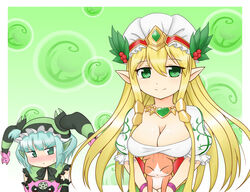  2girls animal aqua_eyes aqua_hair astaroth_(p&amp;d) berry blonde_hair blush bow breast_envy breast_hold breasts cauchemar_(p&amp;d) cleavage commentary_request demon_girl demon_horns feline freyja_(p&amp;d) frills green_bow green_eyes hairband hat highres holding holding_animal horns jester_cap jewelry large_breasts leaf long_hair looking_at_another multiple_girls necklace orb pointy_ears puffy_short_sleeves puffy_sleeves puzzle_&amp;_dragons short_hair short_sleeves smile striped sweatdrop wristband yasai_(so_zo23) 