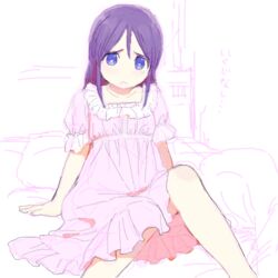  :&lt; bed blush dress female frown higebu inazuma_eleven inazuma_eleven_(series) kudou_fuyuka long_hair looking_at_viewer purple_eyes purple_hair simple_background sitting solo teardrop 