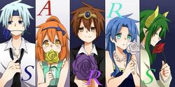  2girls 3boys arle_nadja blue_eyes brown_eyes brown_hair closed_eyes column_lineup dress flower green_hair initial lagnus_the_brave matsu_(sekaowaoneok) multiple_boys multiple_girls puyopuyo rose rulue_(puyopuyo) satan_(puyopuyo) schezo_wegey sleeveless sleeveless_dress smile white_hair 