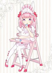  :3 :o animal_ears baby_bottle bib blush bottle bow chair commentary female flower full_body hairbow high_chair holding holding_bottle hugging_object looking_at_viewer mary_janes open_mouth original pantyhose pink_bow pink_footwear pink_hair pink_skirt puffy_short_sleeves puffy_sleeves purple_eyes rabbit_ears rattle red_bow shirt shoes short_sleeves sitting skirt solo striped striped_background stuffed_animal stuffed_rabbit stuffed_toy suzuki_moeko tareme twintails vertical_stripes white_pantyhose white_shirt 