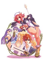  2boys 4girls alouette_(la_pucelle) blonde_hair blush braid croix_raoul cross culotte dark_eclair dual_persona eclair_(la_pucelle) gloves green_eyes gun hat la_pucelle multiple_boys multiple_girls official_art pantyhose pink_eyes pink_hair prier purple_eyes purple_hair ryoji_(nomura_ryouji) short_hair simple_background smile sword weapon 