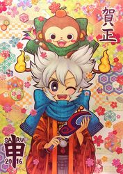  1boy 2016 animal animal_on_head asa_no_ha_(pattern) bad_id bad_pixiv_id black_eyes blush_stickers cherry_blossoms crossover egasumi flower hagoita hakama hakama_skirt haori highres inazuma_eleven_(series) inazuma_eleven_go inazuma_eleven_go_chrono_stone japanese_clothes kikkoumon looking_at_viewer monkey multiple_tails name_connection new_year notched_ear on_head one_eye_closed open_mouth paddle sarunyan saryuu_evan satsuki_(otomayoxxx) scarf seigaiha skirt tail traditional_media traditional_youkai two_tails unmoving_pattern white_hair youkai_(youkai_watch) youkai_watch 