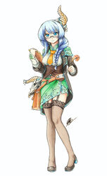  blue_eyes blue_hair breasts clipboard coat commentary english_commentary feathers female four_goddesses_online:_cyber_dimension_neptune garter_straps glasses highres horns isaki_tanaka kiseijou_rei lace-trimmed_legwear lace_trim medium_breasts neptune_(series) overcoat pen skull solo thighhighs traditional_media 