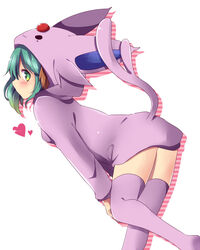  animal_ears bad_id bad_pixiv_id blush cosplay espeon espeon_(cosplay) female forked_tail green_eyes green_hair hat kasodani_kyouko pokemon pokemon_(game) purple_thighhighs short_hair solo tail thighhighs touhou uguisu_mochi_(ykss35) 