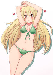  armpits arms_up bikini blonde_hair breasts brown_eyes commentary_request covered_nipples female green_bikini heart highres kirisame_marisa legs_together long_hair looking_at_viewer lying navel shirokuma_(nankyoku) small_breasts smile solo swimsuit touhou 