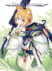  animal_ear_fluff animal_ears bare_shoulders bell blonde_hair blue_eyes closed_umbrella commentary_request cover fang_out female fox_ears hair_ornament holding japanese_clothes jingle_bell kuroino_(poco) leaning_forward looking_at_viewer oerba_yun_fang oil-paper_umbrella original photoshop_(medium) poco_(asahi_age) shiratama_kitsune short_hair skirt smile solo standing tail umbrella wide_sleeves 