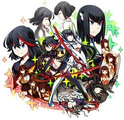  2girls age_progression aosa_(michikusakan) armor backpack bag black_hair blue_eyes boots breasts cleavage cleavage_cutout closed_eyes clothing_cutout commentary_request crop_top frown grin hair_ornament hairclip highres jacket junketsu katana kill_la_kill kiryuuin_satsuki long_hair matoi_ryuuko md5_mismatch medium_breasts midriff multicolored_hair multiple_girls multiple_persona navel randoseru red_hair school_uniform scissor_blade_(kill_la_kill) scowl senketsu sheath sheathed short_hair siblings simple_background sisters skirt smile sparkle spikes spoilers suspenders sword thigh_boots thighhighs two-tone_hair underboob weapon white_background 