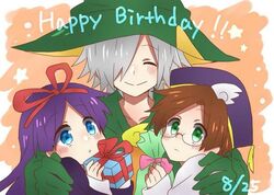  2boys blue_eyes blush brown_hair closed_eyes dated feli_(puyopuyo) female glasses green_eyes hair_ribbon hairband happy_birthday hat hug klug_(puyopuyo) lemres_(puyopuyo) long_hair matsu_(sekaowaoneok) multiple_boys purple_hair puyopuyo puyopuyo_fever puyopuyo_fever_2 ribbon silver_hair smile star_(symbol) starry_background white_hair 