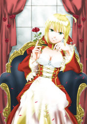  absurdres ahoge blonde_hair breasts chair cleavage commentary_request curtains dress epaulettes fate/extra fate_(series) female flower green_eyes hair_ribbon highres looking_at_viewer medium_breasts nero_claudius_(fate) nero_claudius_(fate/extra) petals red_dress red_flower red_rose ribbon rose rose_petals shimaneko short_hair sitting solo 