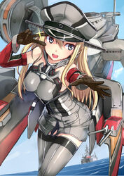  :d akasaai battleship bismarck_(battleship) bismarck_(kancolle) bismarck_kai_(kancolle) blonde_hair blue_eyes breasts commentary_request detached_sleeves female gloves grey_thighhighs hat highres kantai_collection long_hair machinery medium_breasts military military_uniform military_vehicle open_mouth outstretched_hand peaked_cap ship smile solo thighhighs uniform v v_over_eye vehicle_and_personification warship watercraft 