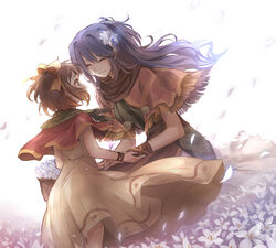  2girls arm_warmers armband bad_id bad_pixiv_id basket blue_hair bow brown_eyes brown_hair capelet closed_eyes commentary_request dress dutch_angle face-to-face field flower flower_basket flower_field hair_flower hair_ornament hairbow kneeling long_hair maya_(ys) multiple_girls petals pom_pom_(clothes) poncho scarf short_hair smile tia_(ys) uuta_(uturautouto) ys ys_seven 