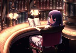  blue_eyes book bookshelf chair commentary_request female glowing glowing_eyes lantern long_hair looking_back no_headwear open_book patchouli_knowledge purple_hair reading sitting solo tama_(speedgrapher) touhou 