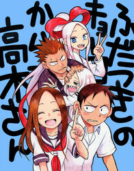  2boys 3girls :d ^_^ absurdres black_hair black_jacket blue_background blue_eyes blue_sailor_collar brown_hair closed_eyes collared_shirt commentary_request copyright_name creator_connection crossover dual_persona facing_viewer forehead fudatsuki_kenji fudatsuki_kyouko fudatsuki_no_kyouko-chan group_picture hair_ribbon hand_on_another&#039;s_head hand_on_another&#039;s_shoulder highres index_finger_raised jacket karakai_jouzu_no_takagi-san long_hair looking_at_another looking_at_viewer looking_to_the_side multiple_boys multiple_girls neckerchief nishikata official_art open_collar open_mouth painting_(medium) ponytail red_neckerchief red_ribbon ribbon sailor_collar school_uniform serafuku sharp_teeth shirt short_hair short_sleeves simple_background smile takagi-san tears teeth text_background traditional_media upper_body upper_teeth_only v very_short_hair watercolor_(medium) white_hair white_shirt yamamoto_souichirou 