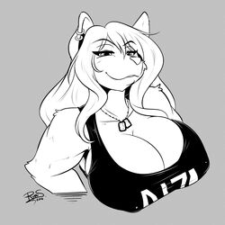  1:1 2016 anthro big_breasts bioware breasts bust_portrait canid canine cleavage clothed clothing dog_tags ear_piercing electronic_arts female grey_background hair huge_breasts line_art long_hair mammal mass_effect monochrome mrsakai n7 nipple_outline piercing portrait shirt simple_background smile solo tank_top tight_clothing topwear 